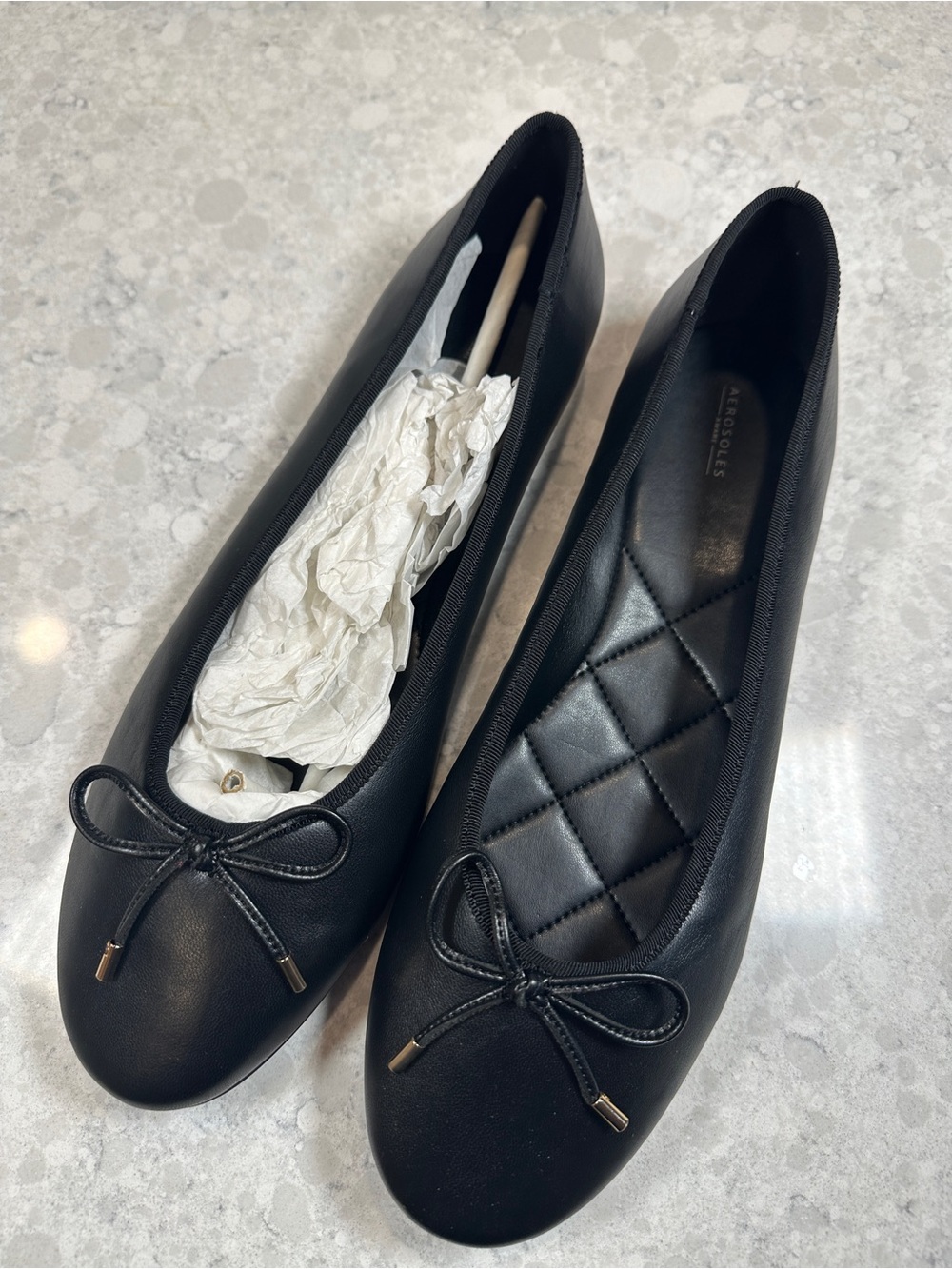 AEROSOLES Black Quilted Insole Ballet Flats with Bow Accent